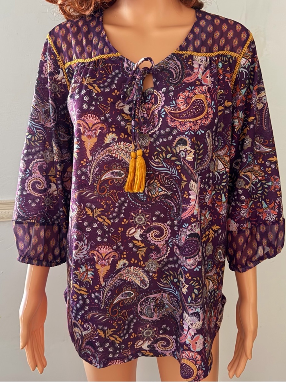 Farmer's‎ Market Purple Paisley Blouse Top Pink 3/4 Sleeve Boho Hippie V Neck L